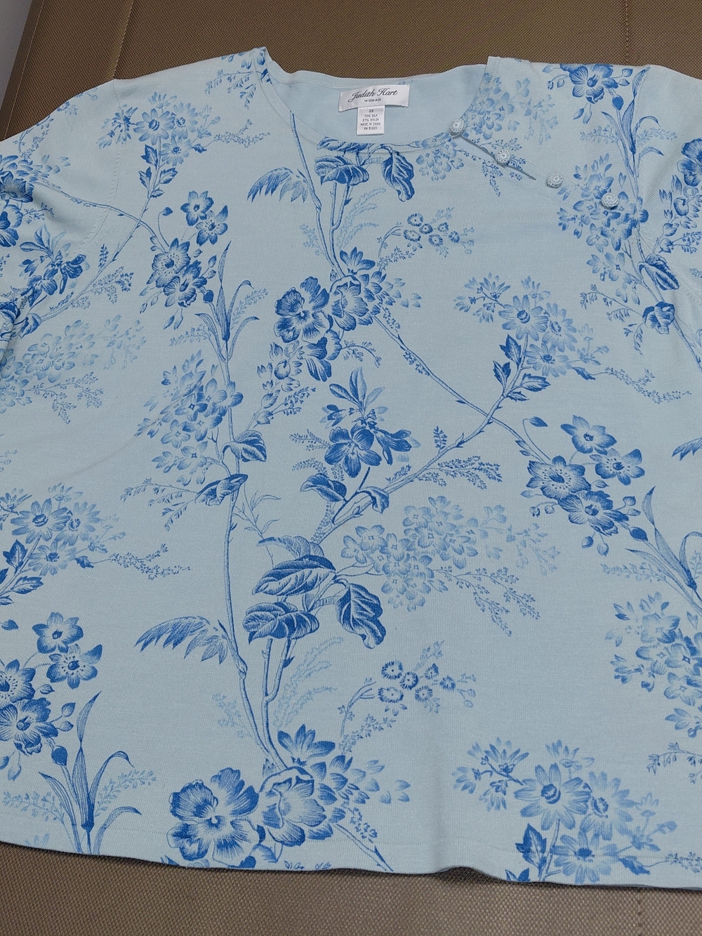 Judith Hart. Light Blue Floral Cotton-Blend Blouse
